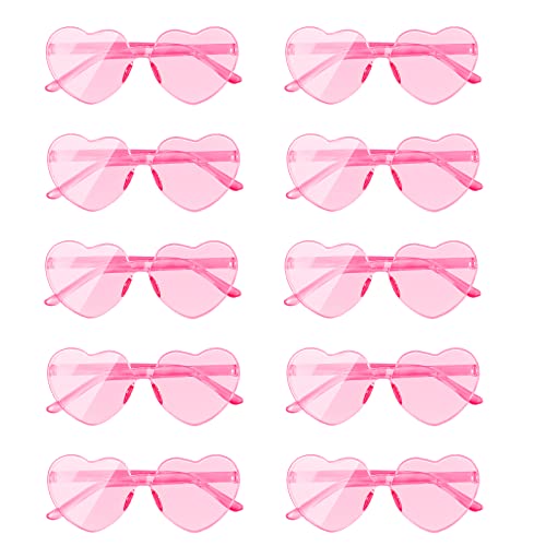 AEAHALY 10 Pairs Pink Heart Sunglasses Bulk for Women and Kids, Rimless Heart Shaped Sunglasses Bulk Women, Pink Heart Glasses Effect Bachelorette Bride Party Favor