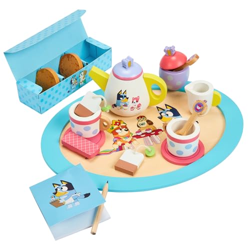 Bluey – Tea Party Set – Wooden 18-Piece Pretend Play Set with Tray, Teapot, Tea Cups, Biscuits, and Notepad for Children 3 Years and up – Imaginative Fun and Role-Playing, FSC Certified