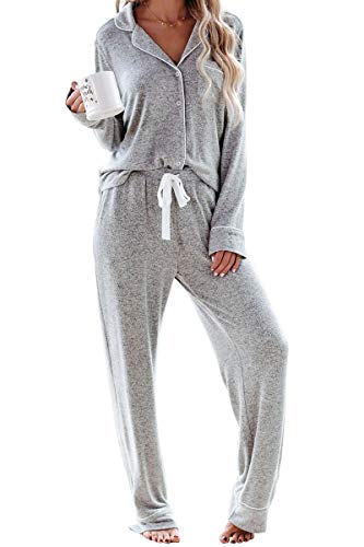 Aamikast Women's Two-piece Classic knit Pajama Sets Long Sleeve Button Down Sleepwear (L, Light Gray)