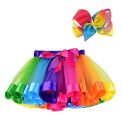BGFKS Layered Ballet Tulle Rainbow Tutu Skirt for Little Girls Dress Up with Colorful Hair Bows(Rainbow,2-4T)