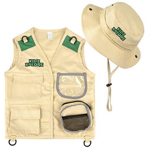 Kidz Xplore Outdoor Adventure Kit for Young Kids - Cargo Vest and Hat Set Backyard Explorer Safari Costume and Dress Up for Park Ranger, Paleontologist, Zoo Keeper Kid and Scavenger Hunt (brown)