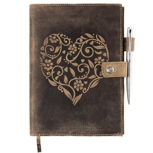 Refillable Leather Journal Lined Notebook - Journals for Women with Embossed Heart Shape – Handmade Leather Notebook with Pen Holder – Includes Premium-Milled A5 Lined Paper & Luxury Pen by Moonster