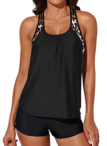 Aleumdr Womens Strappy Blouson Color Block Printed T-Back Push Up Tankini Tops Padded Swimsuits Sporty Bathing Suits Leopard Large 12 14