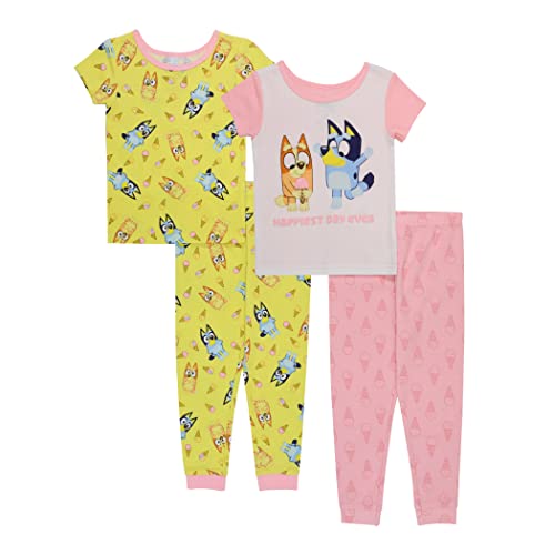 Bluey Girls' 4-Piece Cotton Snug-Fit Pajamas Set, Happy Day, 3T