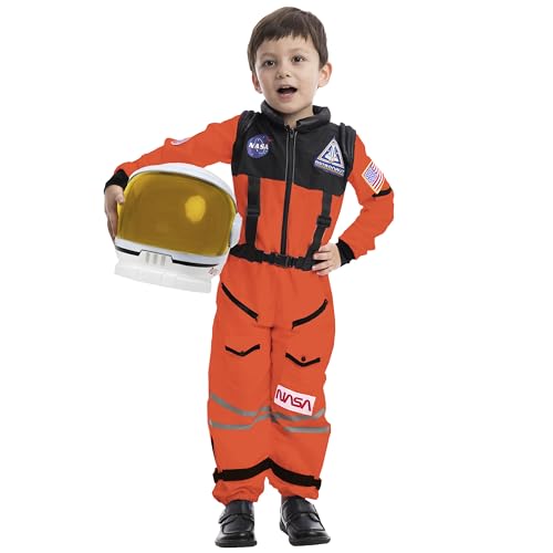 Spooktacular Creations Astronaut Costume with Helmet, Space Suit for Kids and Toddler with Movable Visor Helmet, Kids Astronaut Costume for Halloween Costumes Party Favor Supplies Orange 3T