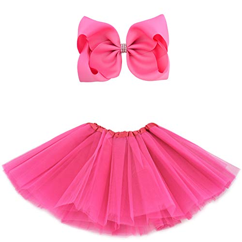 BGFKS 5 Layered Tulle Tutu Skirt for Girls with Hairbow, Ballet Dressing Up Kid Tutu Skirt Hot Pink