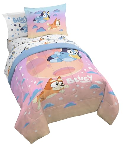 Bluey & Bingo Twin Comforter Set - 5 Piece Bed Set Includes Sheet Set & Pillow Covers - Super Soft Clouds & Stars Kids Bedding