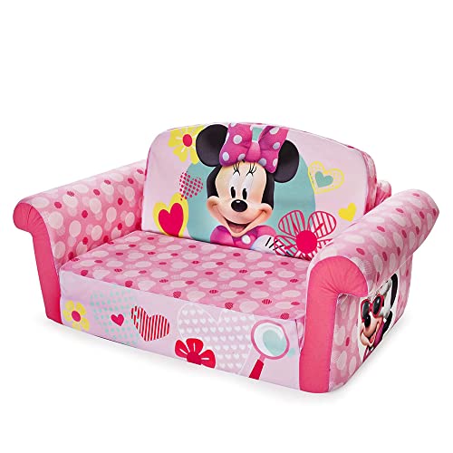 Marshmallow Furniture Kids 2 in 1 Flip Open Foam Compressed Lightweight Lounging Sofa and Extendable Sleeper Couch, Minnie Mouse, Pink