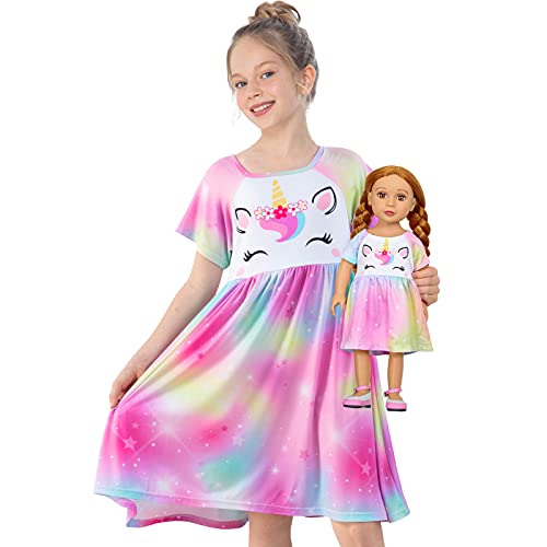 Play Tailor Doll and Girl Matching Nightgown Unicorn Outfit Pajamas Night Dress for Girls and 18' Dolls Clothes (Doll Not Included), 6-7 Years, Colorful Purple