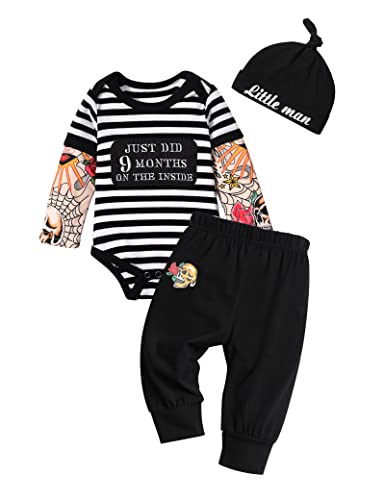 Baby Boy Clothes 0-3 Months Fake Tattoo Sleeve Just Did 9 Months On The Inside Funny Baby Romper Rockabilly Bodysuits +Little Man Hat + Skull Pant 3PCS Outfits Set