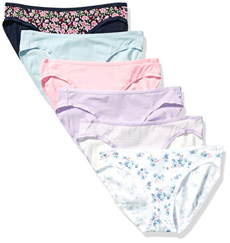 Amazon Essentials Women's Cotton Bikini Brief Underwear (Available in Plus Size), Pack of 6, Black Floral/Blue/Lilac/Pink/Stripe/White Ditsy Floral, Large