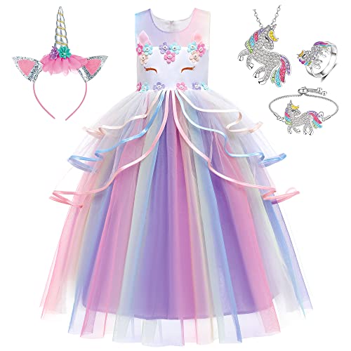Unicorn Princess Dress Up Clothes for Little Girls – Costume, Jewelry and Headband (4-5 Years, Unicorn Princess 5C)