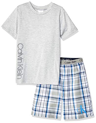 Calvin Klein Boys' Little 2 Piece Sleepwear Top and Bottom Pajama Set, Heather Grey, Ck Cloud Plaid, Large