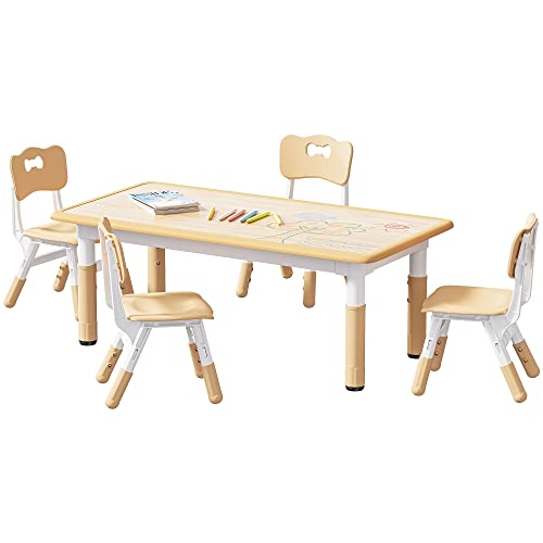Brelley Kids Table and 4 Chairs Set, Height Adjustable Toddler Table and Chair Set, Graffiti Desktop, Non-Slip Legs, Max 300lbs, Children Multi-Activity Table for Ages 2-8