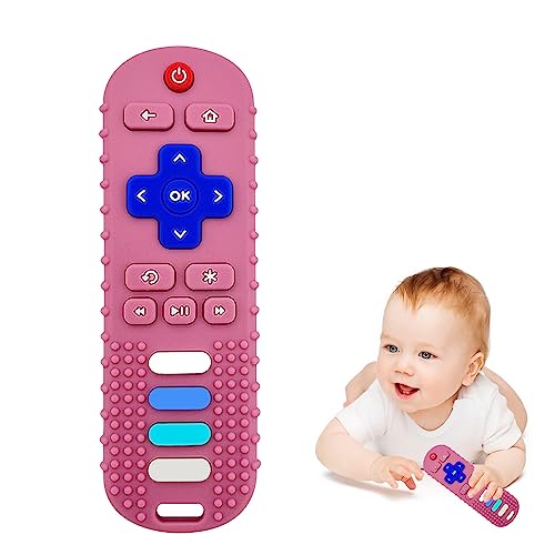 ROBBEAR Baby Teething Toys, Food Grade Silicone Teether for Babies 3 6 12 18 Months, TV Remote Shape Toddlers Chew Toys, Freezer BPA Free (Pink RC)