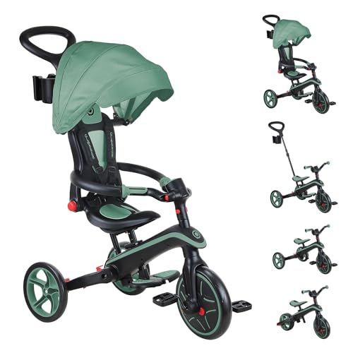 Globber Foldable 4-in-1 Toddler Trike Push Bike Stroller – Compact Learning Tricycle for Toddlers Converts Into Balance Bike – Safe Outdoor Ride On Toys for Kids (Olive Green)