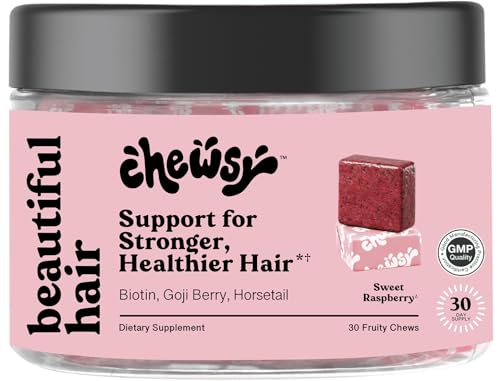 CHEWSY Beautiful Hair Chews, Promotes Stronger, Healthier Hair, Biotin, Vitamins C, A, B12, D3, Goji Berry for All Hair Types Individually Wrapped Hair Vitamin Fruity Chews, 30-Day Supply