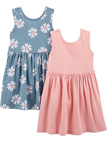 Simple Joys by Carter's Girls' Short-Sleeve and Sleeveless Dress Sets, Pack of 2, Dusty Blue Floral/Pink, 3T