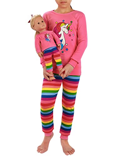 HDE Girls Unicorn Pajamas with Matching Doll Outfit Cotton Pajama Set for Girls Pink Pink Rainbow Unicorn/Long - 8