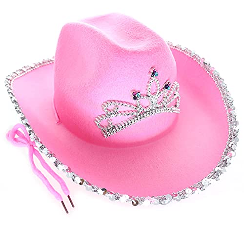 GiftExpress Pink Cowboy Hat With Tiara - CHILD SIZE, Pinky Felt Cowboy Hat for Western Costume, CowGirl Pretend Plays