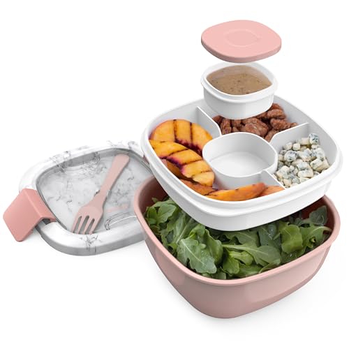 Bentgo® All-in-One Salad Container - Large Salad Bowl, Bento Box Tray, Leak-Proof Sauce Container, Airtight Lid, & Fork for Healthy Adult Lunches; BPA-Free & Dishwasher/Microwave Safe (Blush Marble)