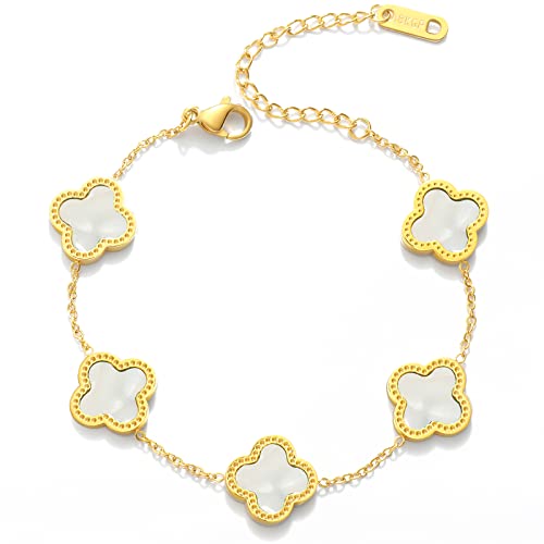 Link Bracelets for Women Girls Trendy Bracelet Cute Plated 18K Gold Lucky Adjustable Clover Link Bracelets Mother's Day Christmas Gift Jewelry (White)