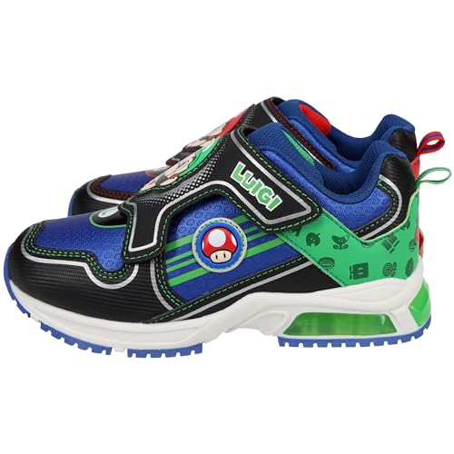 Super Mario Light-Up Running Shoes for Boys, Mario & Luigi Mismatch Sneaker with Hook-and-Loop Strap, Black/Blue, Little Kid Size 11