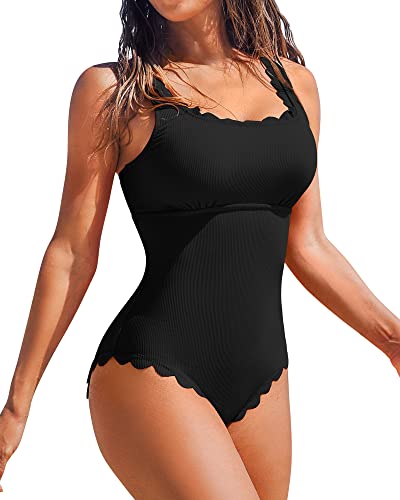 Charmo Womens Scalloped Ribbed One Piece Swimsuits Retro Square Neck Modest Bathing Suits Black L