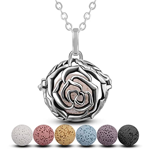 INFUSEU Essential Oil Diffuser Necklace for Women Aromatherapy Jewelry Lava Rock Stone Pendant Unique Vintage Rose Flower I Love You Gifts for Her Mom Wife Grandmother Spiritual People