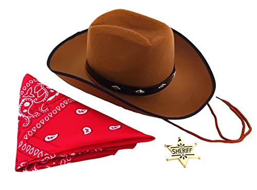 Children's Cowboy, Sheriff Theme Costume Dress Up Set For Boys and Girls - Cowboy Hat, Bandana and Gold Sheriff Badge (Brown)