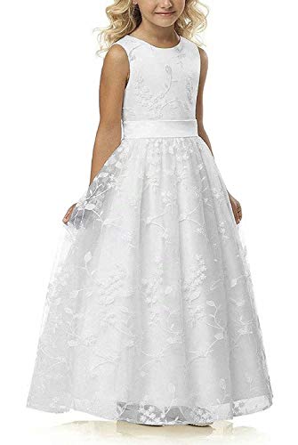 A line Wedding Pageant Lace Flower Girl Dress with Belt 2-12 Year Old (Size 6, White)