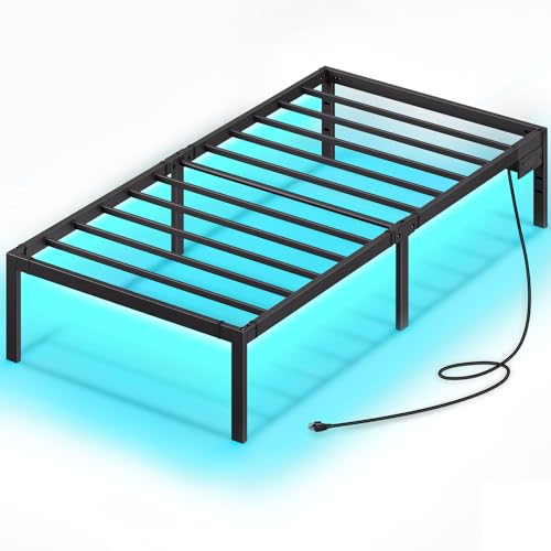 Rolanstar Bed Frame with USB Charging Station, Twin Bed Frame with LED Lights, Platform Bed Frame with Heavy Duty Steel Slats, 14' Storage Space Beneath Bed