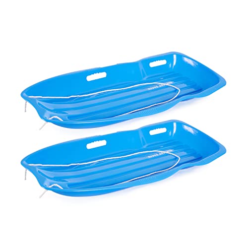 Slippery Racer Downhill Xtreme Flexible Adults and Kids Plastic Toboggan Snow Sled for Up to 2 Riders with Pull Rope, (2 Pack) (Blue/Blue)