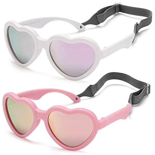 NULOOQ Flexible Heart Shaped Baby Polarized Sunglasses with Strap Adjustable Toddler & Infant Age 0-24 Months (White/Purple Mirrored + Pink/Pink Mirrored) - 2 Pack