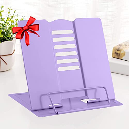 MSDADA Book Stand Metal Reading Rest Book Holder Adjustable Cookbook Documents Holder Portable Sturdy Bookstands for Recipes Textbooks with Page Clips Birthday Gifts for Girls Mom Students(Purple)