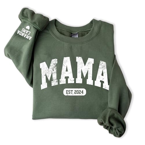 Giantbighands Personalized Mama Sweatshirt with Kid Names on Sleeve, Mama Est Sweatshirt,Custom Mom Sweatshirt,New Mom Gift, Mama Crewneck, Birthday Gift for Mom, Sweatshirt for Mama Mom
