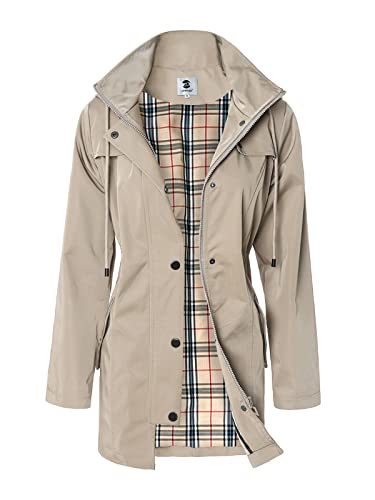 SaphiRose Women's Long Hooded Rain Jacket Outdoor Raincoat Windbreaker(Khaki,Medium)