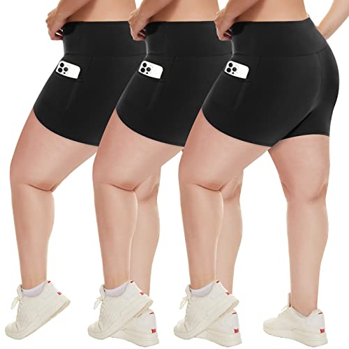 HLTPRO 3 Pack Plus Size Biker Shorts with Pockets for Women - 5' High Waist Soft Spandex Workout Yoga Running Shorts (2X, 3X)