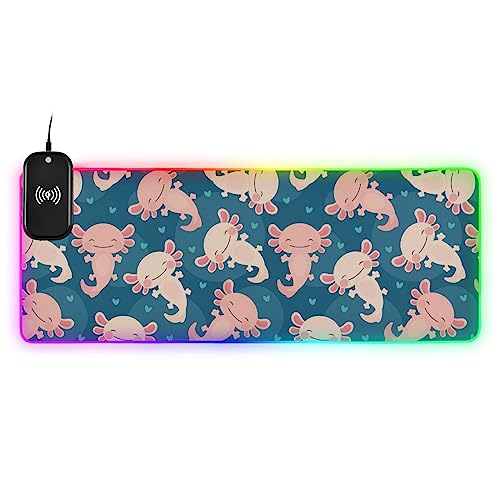 VKPSCHJ Desk Pad with Wireless Charging Axolotl Kawaii Large RGB Gaming Mouse Pads 10 Light Modes Baby Amphibian 15W Computer Keyboard Mat Antislip Protector Mats for Office Home Table Gaming Decor