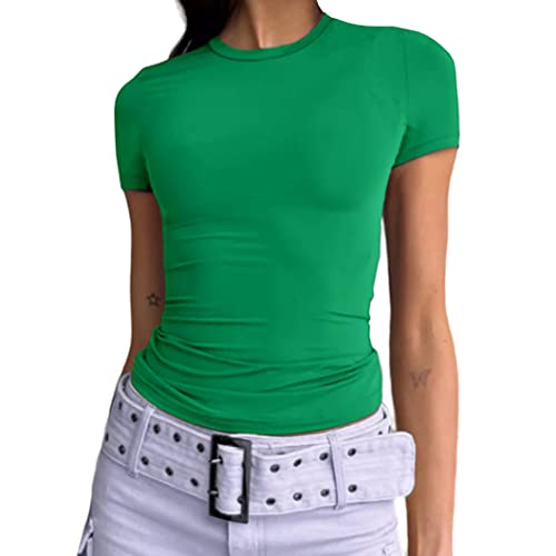 Abardsion Women's Casual Basic Going Out Crop Tops Slim Fit Short Sleeve Crew Neck Tight T Shirts (Green, M)