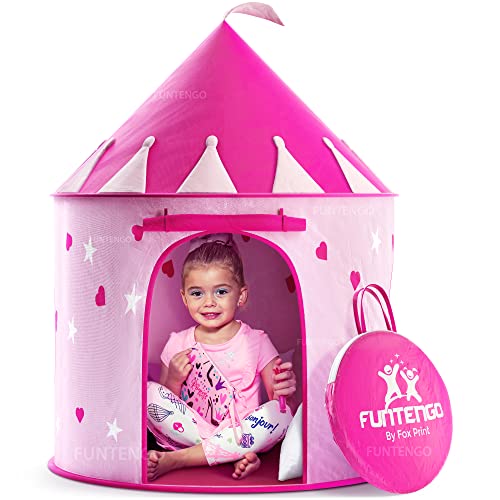 FoxPrint Princess Castle Play Tent with Glow in the Dark Stars Folds in Carrying Case Foldable Pop Up Pink Play Tent/House Toy for Indoor&Outdoor Use