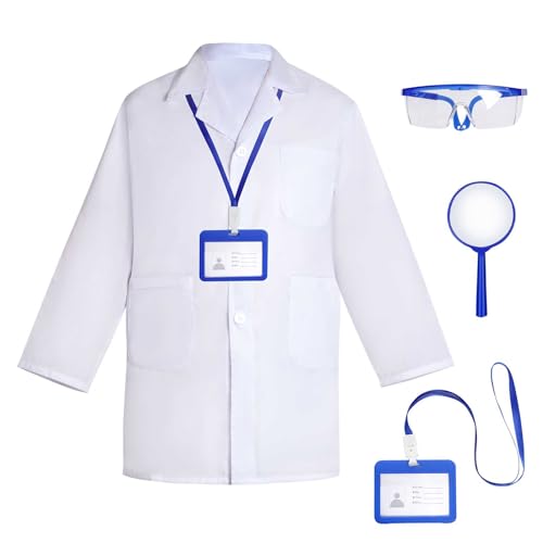 mifengda Doctor Scientist Costume Kids Lab Coat Costume and Goggles for Kids Children Scientist Doctor Costume Dress Up Kit with Goggles ID Card Magnifying Glass for Kids Halloween Costume Role Play