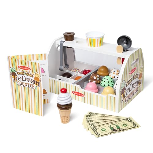 Melissa & Doug Wooden Scoop and Serve Ice Cream Counter (28 pcs) - Play Food and Accessories - Pretend Food Toys, Ice Cream Shop Toys For Kids Ages 3+