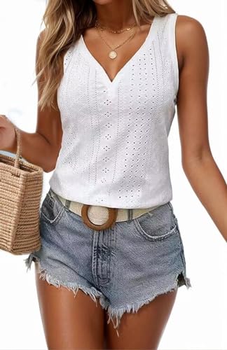 Button Embroidered Eyelet Tank Top Women Summer Tops Casual Country V Neck Tee Shirts Sleeveless Fashion Loose Blouse(Medium,White)
