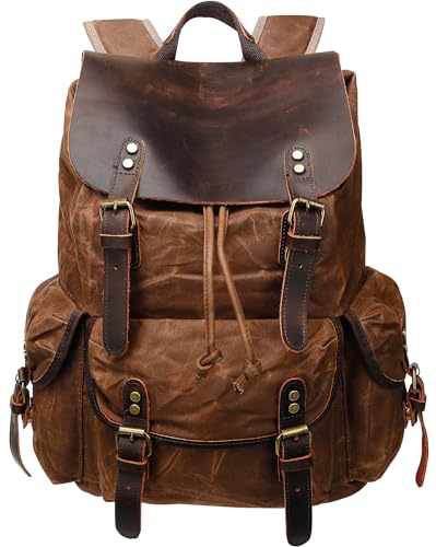 HuaChen Rugged Leather and Waxed Canvas Backpack for Men, Shoulder Rucksack for Travel Laptop Hiking (M80_Brown)