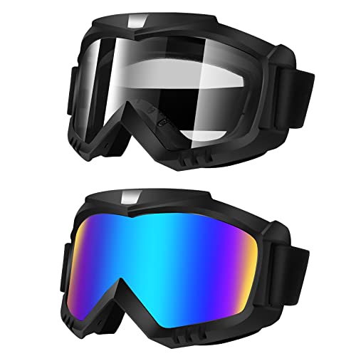Lievermo Dirt Bike Goggles, Motorcycle Goggles, 2 Pack ATV Goggles, Riding Goggles, Ski Goggles, Windproof Glasses, Racing Helmet Goggles for Adults Men Women Youth Kids (Colorful + Clear)