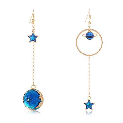SUNSCSC Enamel Moon Star Earth Planet Drop Hook Earrings, Brass, Long Pendant Dangle Jewelry for Woman Girls (Long W757)