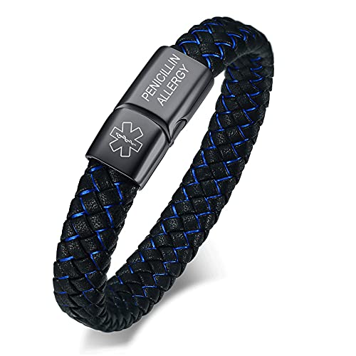VNOX Blue PENICILLIN ALLERGY Braided Leather Medical Symbol Caduceus with Stainless Steel Cuff Wristband Bracelet,8.5 Inches
