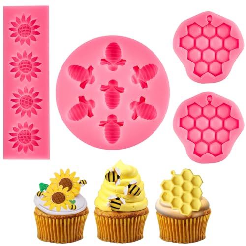Ocmoiy 4 Pieces Bumble Bee Silicone Mold Honeycomb Sunflower and Bee Fondant Molds for Cupcake Cake Decorating Sugar Chocolate Candy Baking Mold