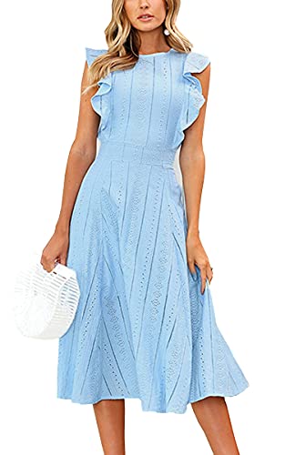 ECOWISH Womens Dresses Elegant Wedding Cocktail Ruffles Cap Sleeves Summer A-Line Midi Dress Blue Large